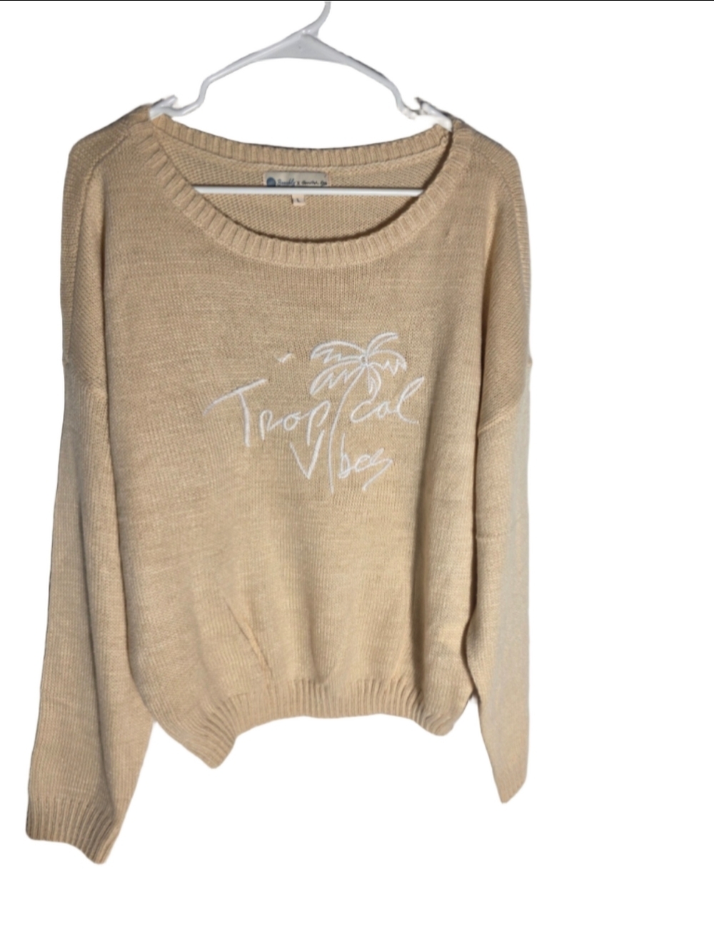 Women's Beachy x Goldfish Kiss Tropical Vibes Sweater Beige Size L travel palm
